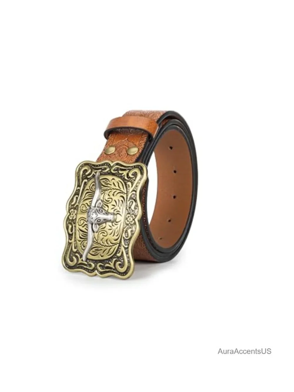 Western Cowboy Leather Belt Turquoise Oval Buckle Embossed PU Leather